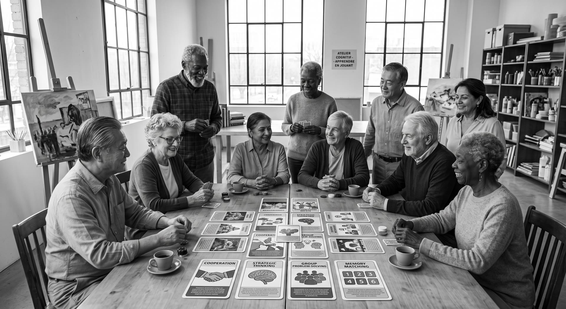 Un groupe de seniors réuni autour d'une table pour un atelier de jeu cognitif